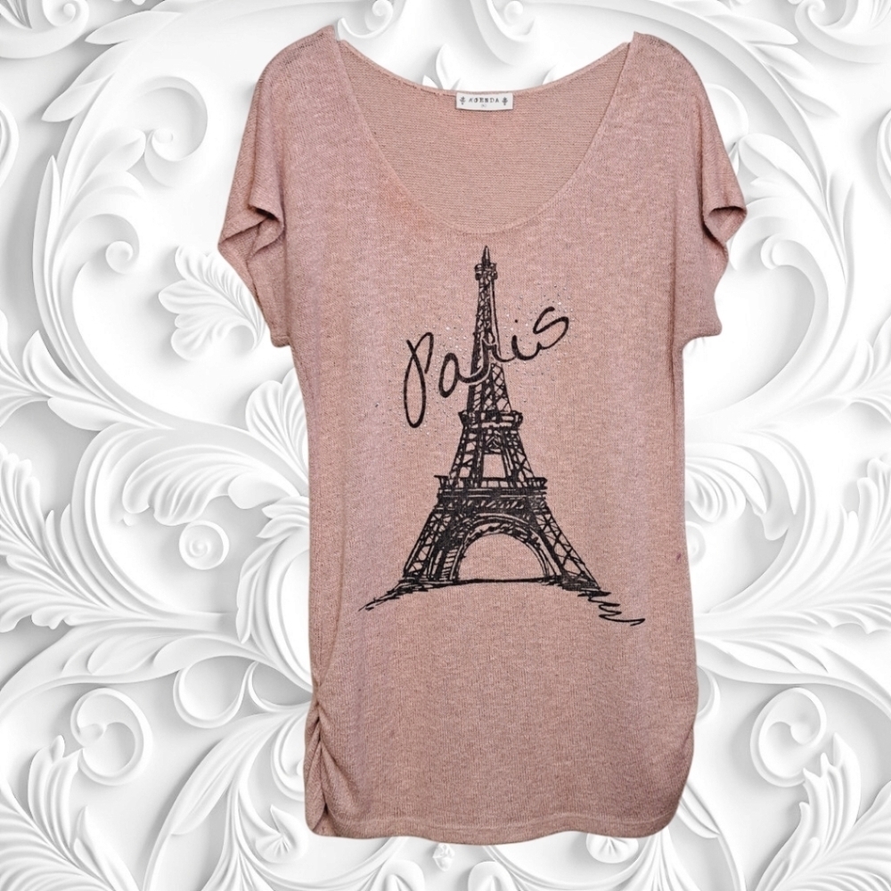 Agenda Tan Short Short Sleeve Eiffel Tower “Paris” Top 